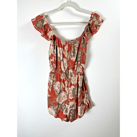 Amuse Society Red Floral Ruffle Sleeve Bohemian Hipster Coquette Cottage Romper - Picture 1 of 8